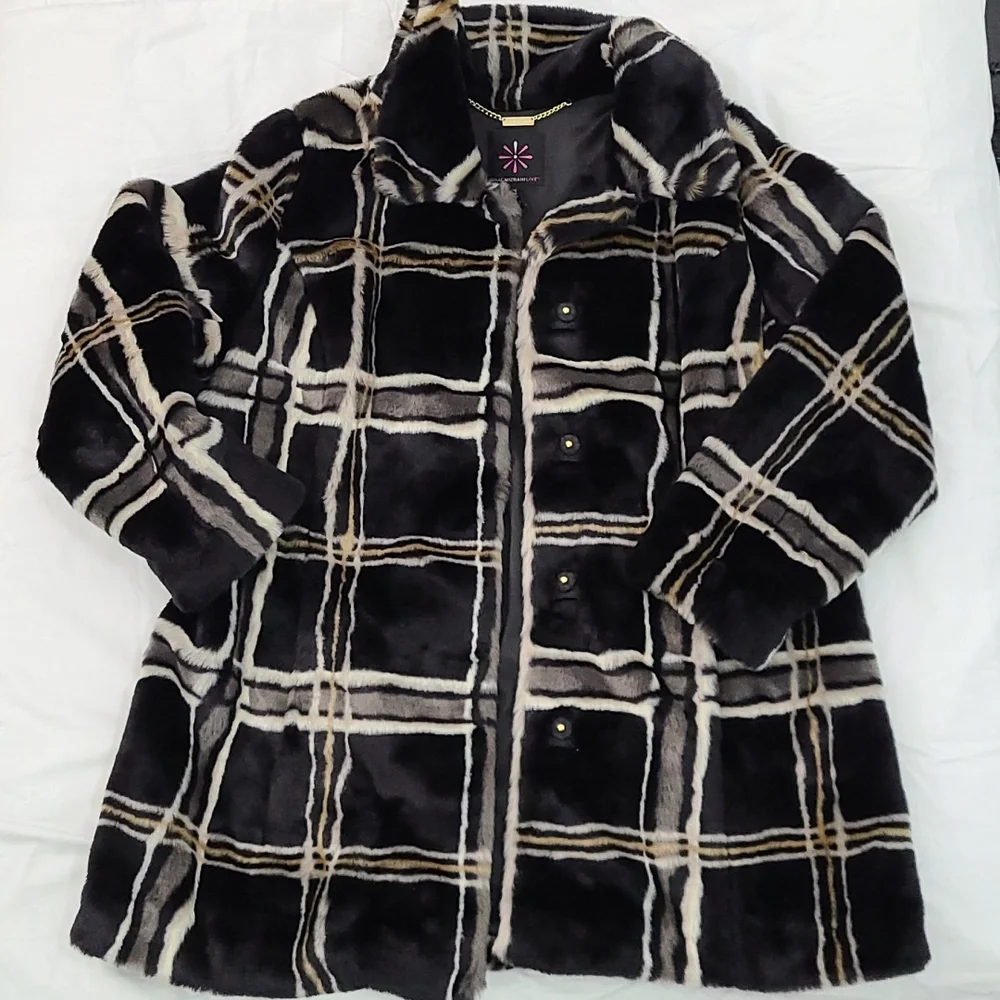 ISAAC MIZRAHI LIVE Faux Fur Dress Coat plaid, long Sz L - Picture 5 of 8